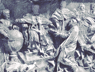 Pope Gregory’s sarcophagus, featuring a scene of him introducing his new calendar